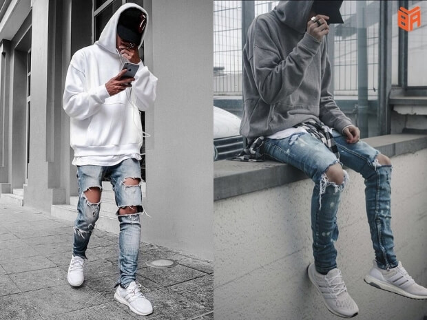 Phối đồ Ultra Boost với hoodie và jeans rách