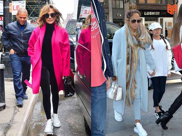 Jennifer Lopez đi giày Mcqueen với áo khoác dáng dài