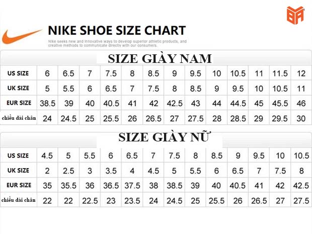 Bảng size chuẩn của Nike